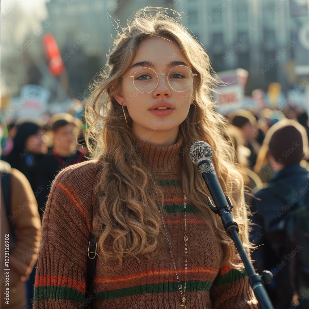 A young woman with long blonde hair speaks into a microphone. AI. A young woman with long blonde hair speaks into a microphone. AI.