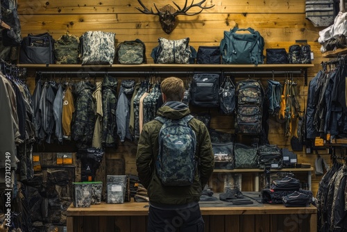 Customer choosing backpack in military surplus store with hunting clothes