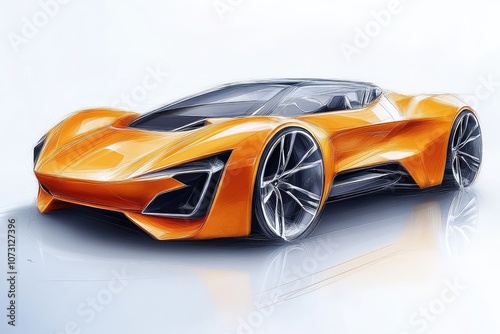 Orange modern sports car sketch reflecting on white surface
