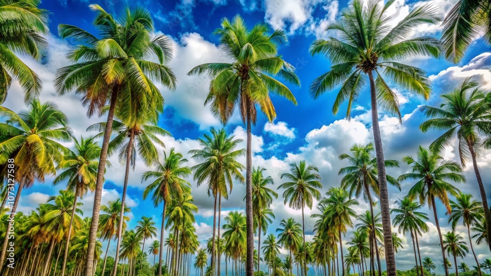 Tall Palm Trees Reaching Towards a Bright Blue Sky with Fluffy Clouds, Emphasizing a Tropical Paradise Vibe and a Serene Atmosphere Perfect for Relaxation and Tranquility Tall Palm Trees Reaching Towards a Bright Blue Sky with Fluffy Clouds, Emphasizing a Tropical Paradise Vibe and a Serene Atmosphere Perfect for Relaxation and Tranquility