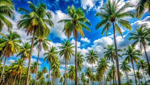 Tall Palm Trees Reaching Towards a Bright Blue Sky with Fluffy Clouds, Emphasizing a Tropical Paradise Vibe and a Serene Atmosphere Perfect for Relaxation and Tranquility