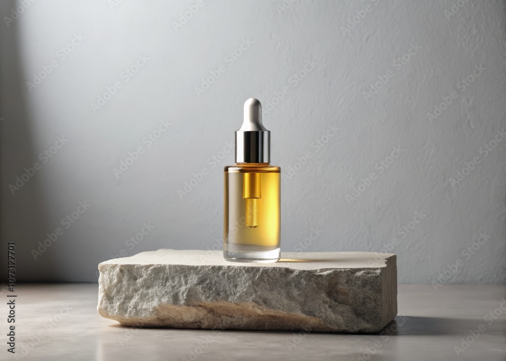 Minimalist Bottle of Facial Oil on Stone Podium Against Light Grey Background with Copy Space for Text, Ideal for Skincare and Beauty Product Advertising Minimalist Bottle of Facial Oil on Stone Podium Against Light Grey Background with Copy Space for Text, Ideal for Skincare and Beauty Product Advertising