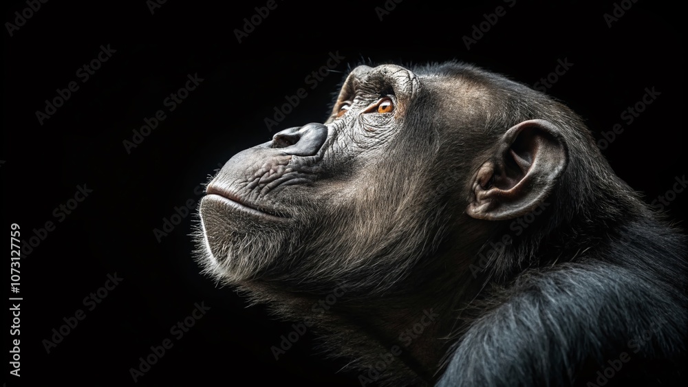 Naklejka premium Thoughtful Profile of a Chimpanzee in Long Exposure Against a Black Background with Space for Text - Perfect for Nature and Wildlife Photography Projects