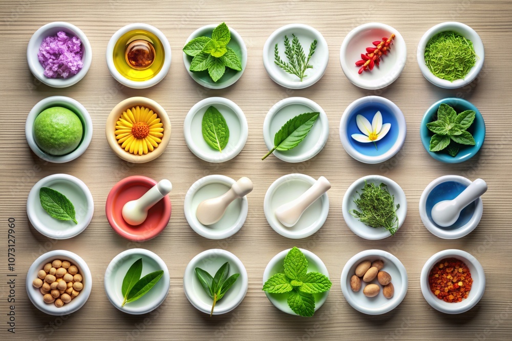 A white bowl with a green herb in it sits on a table with several other bowls A white bowl with a green herb in it sits on a table with several other bowls