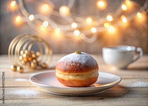 Minimalist Hanukkah Donut Arrangement with Soft Lighting and Simple Background, Highlighting the Tradition of Jewish Cuisine During the Festival of Lights photo