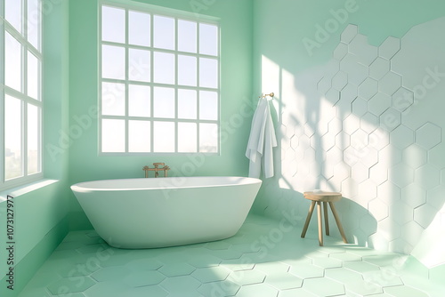 White and green bathroom interior with hexagona photo