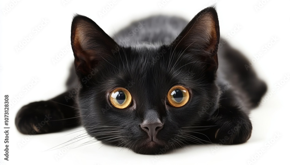 A playful black cat with striking yellow eyes lying down on a white background. A playful black cat with striking yellow eyes lying down on a white background.
