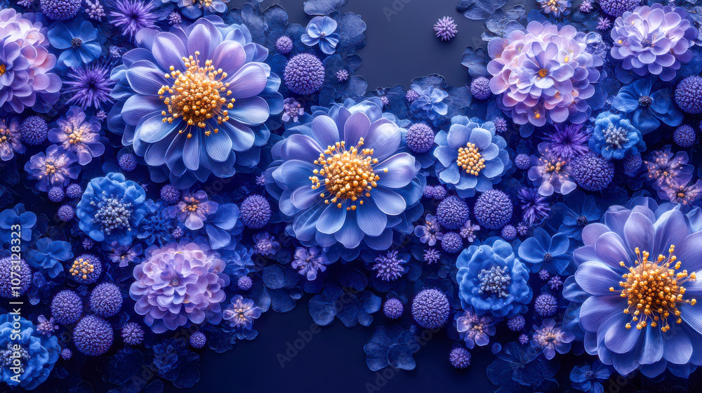 Vibrant collection of blue and purple flowers arranged in a stunning floral pattern Vibrant collection of blue and purple flowers arranged in a stunning floral pattern