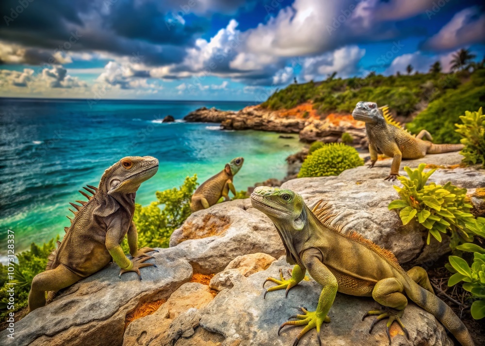 Fototapeta premium Urban Exploration Photography of Iguanas on Great Guana Key in the Bahamas Showcasing Lush Tropical Landscapes and Vibrant Wildlife Amidst an Eclectic Island Environment