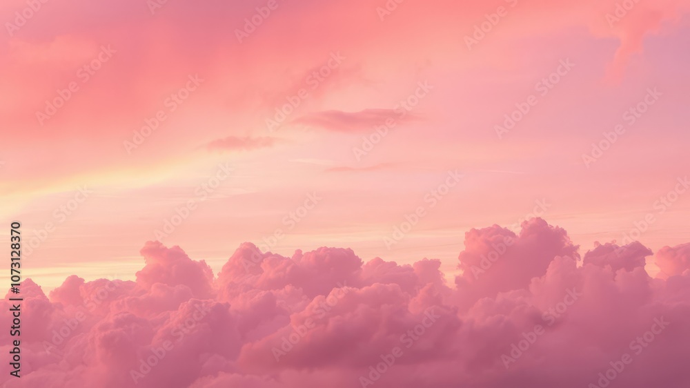 Fototapeta premium Pastel hues of pink, purple, and orange fill the sky as fluffy clouds drift across the horizon during a serene sunset, horizon, orange