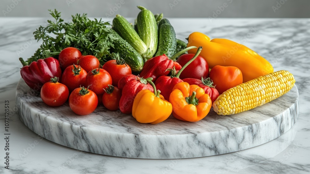 Fresh, colorful vegetables, including tomatoes, cucumbers, peppers, and corn, arranged on a marble platter. Fresh, colorful vegetables, including tomatoes, cucumbers, peppers, and corn, arranged on a marble platter.