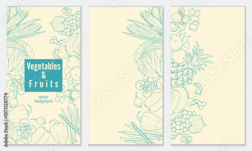 A set of leaflets fruits and vegetables in vintage style