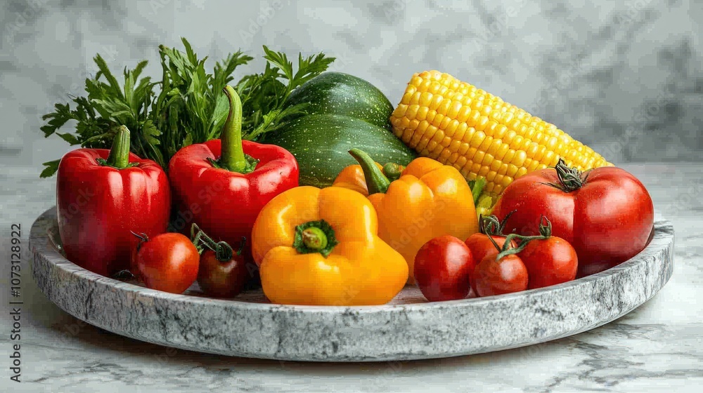 Fresh and colorful vegetables on a round plate. Fresh and colorful vegetables on a round plate.