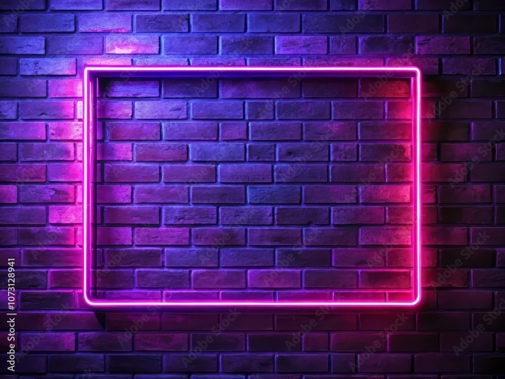 Neon Glowing Rectangle Frame on a Brick Wall with Purple Lighting - A Captivating High Depth of Field Composition for Modern Urban Aesthetics Neon Glowing Rectangle Frame on a Brick Wall with Purple Lighting - A Captivating High Depth of Field Composition for Modern Urban Aesthetics