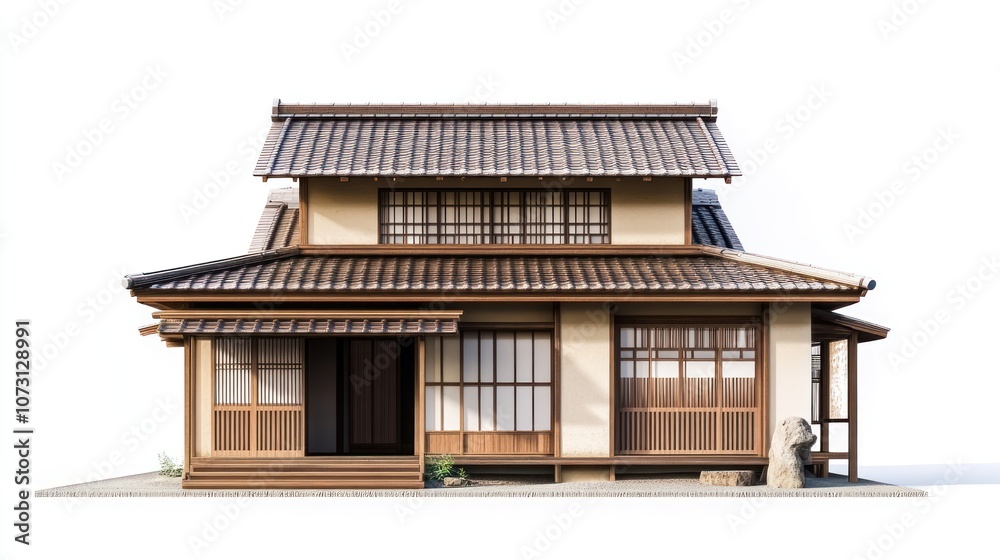 Traditional Japanese house with tiled roof, wooden exterior, sliding doors, and stone lantern isolated on white background.