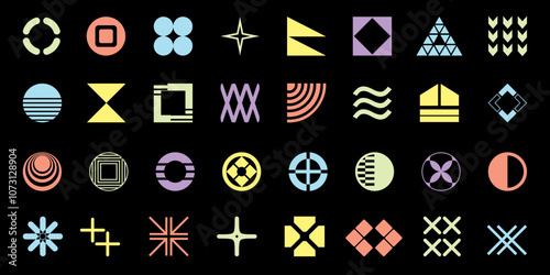 A set of geometric design elements, composed of round, triangular, square, and linear shapes on black background.