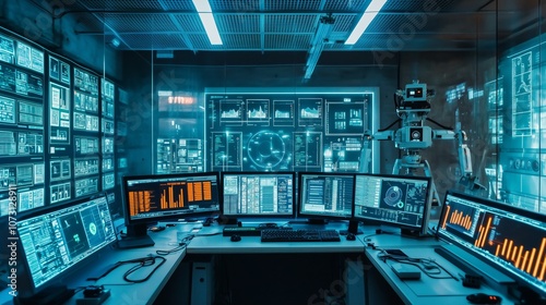 High-Tech Control Room Featuring Advanced Robots and Futuristic Technology with Multiple Monitors Displaying Interfaces and Data Analytics