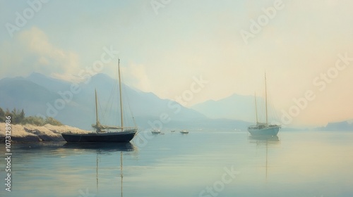 Two sailboats anchored in a calm bay with mountains in the background. The water is still and the sky is a soft blue.