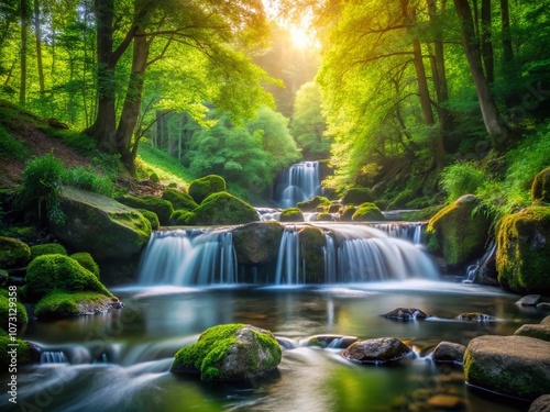 Tranquil Minimalist Scene of Flowing Water Over Smooth Rocks with Soft Sunlight Filtering Through Trees Creating Gentle Reflections Evoking Peace and Serenity