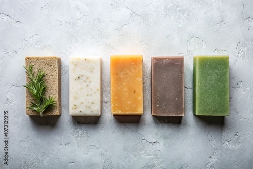 Overhead View of Colorful Rectangular Soap Bars on Light Gray Background - Aesthetic Product Photography for Soap Display and Home Decor