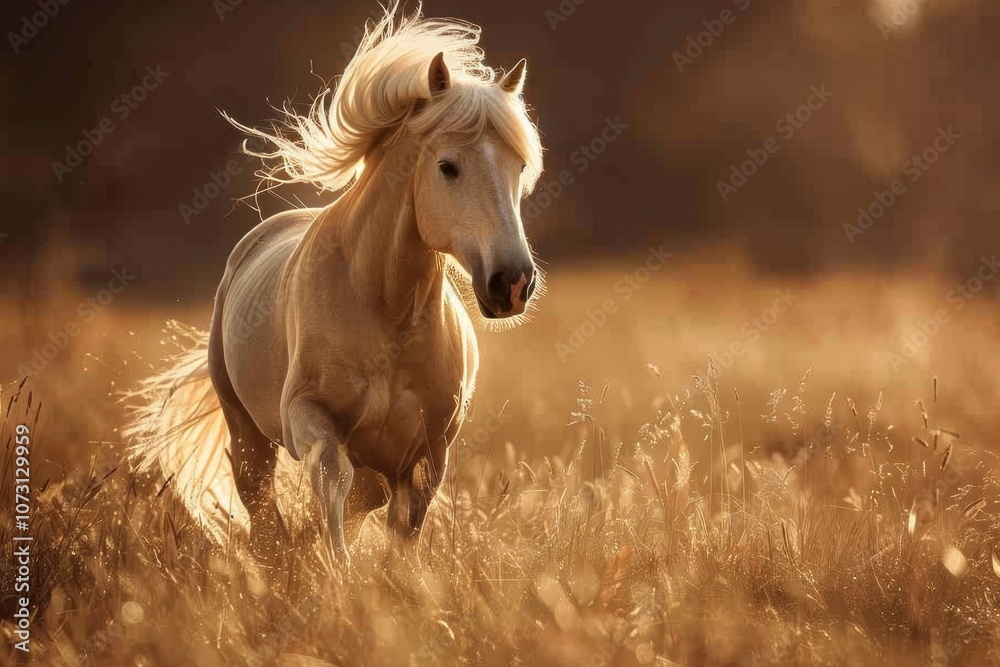 Obraz premium Elegant Horse with Long Flowing Mane in Golden Field