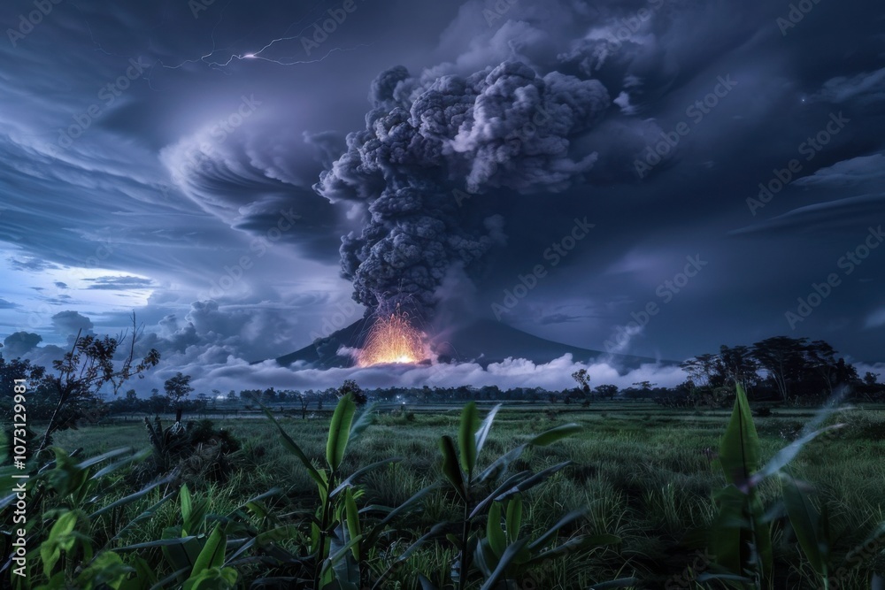 Fototapeta premium Erupting Volcano Spewing Ash and Lava at Night