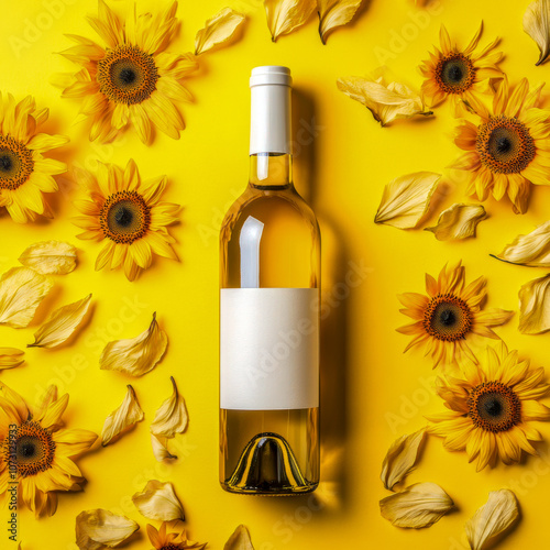 White wine bottle surrounded by sunflowers and yellow petals on a vibrant background