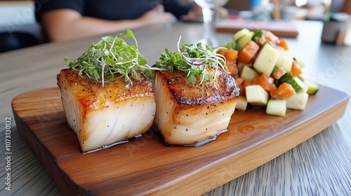 Two perfectly seared cod pieces topped with microgreens, paired with a fresh diced vegetable side salad on a wooden board.
 photo