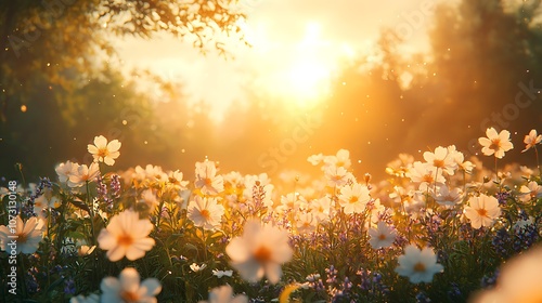 Golden Hour Sunset Meadow with White Flowers