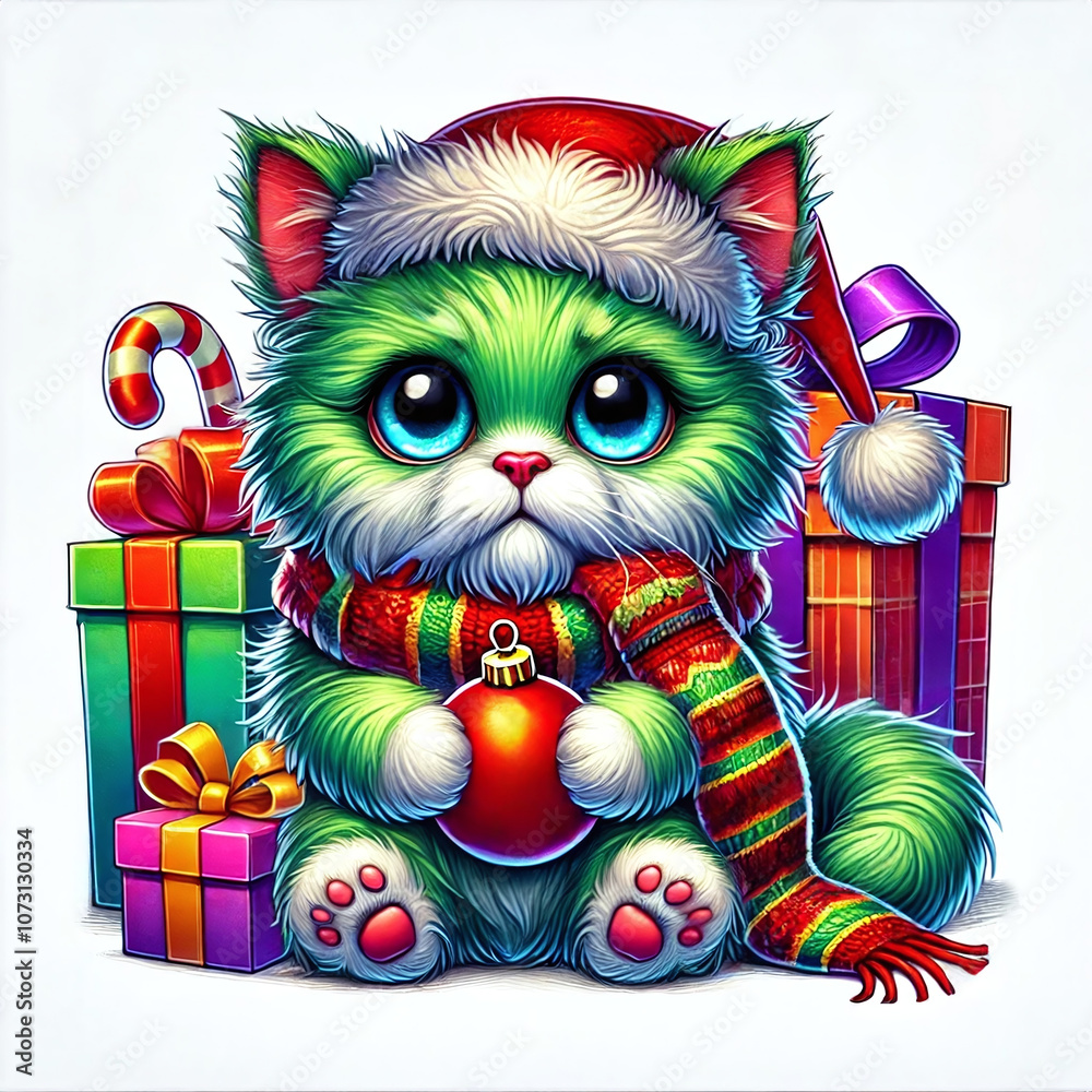 A green grumpy cat in a Santa hat and scarf holding a Christmas ornament.
A cute animal in a winter style, surrounded by Christmas gifts A green grumpy cat in a Santa hat and scarf holding a Christmas ornament.
A cute animal in a winter style, surrounded by Christmas gifts