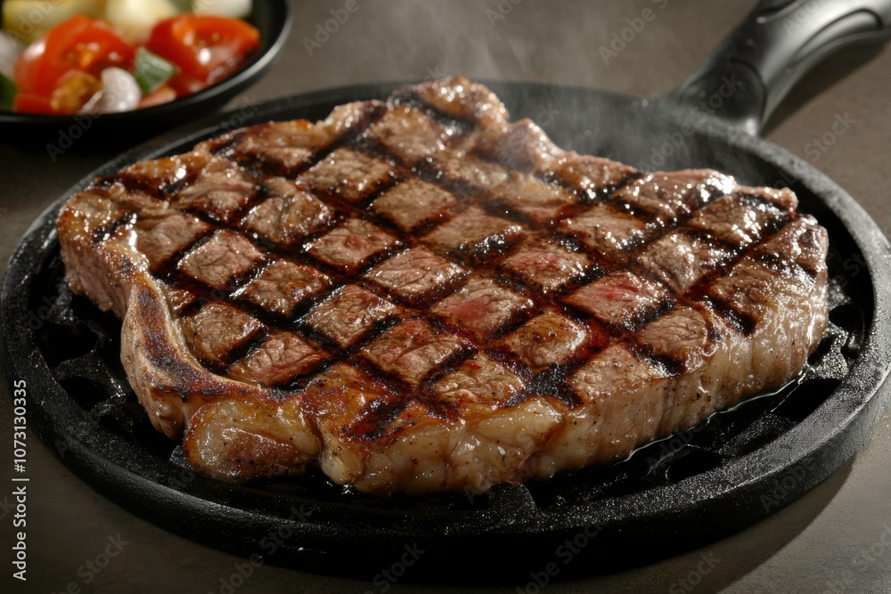 Grilled Steak on Sizzling Pan with Rising Steam Grilled Steak on Sizzling Pan with Rising Steam