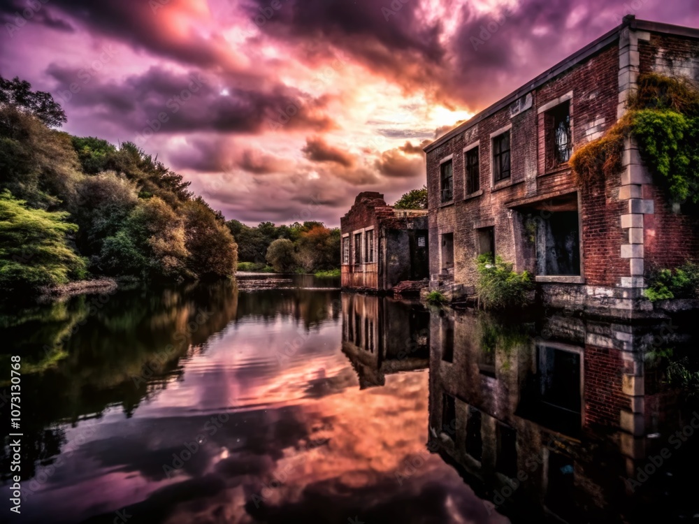 Obraz premium Urban Exploration Photography at Lake Lomond: Captivating Reflections and Abandoned Structures Amidst the Scenic Beauty of Nature's Playground