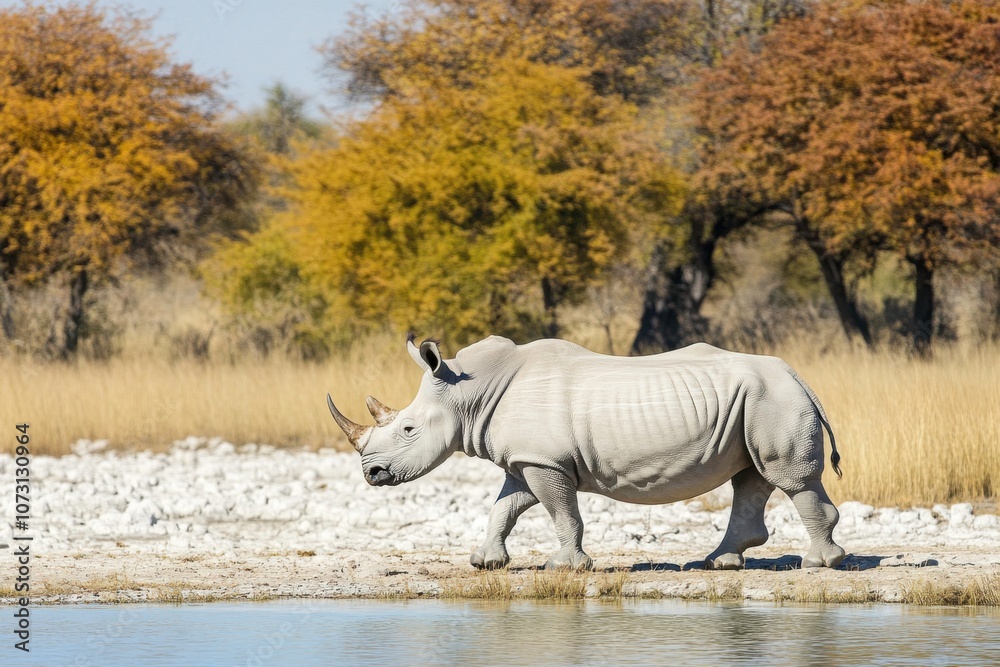 Rhino Approaching Watering Hole in Harsh Landscape Rhino Approaching Watering Hole in Harsh Landscape