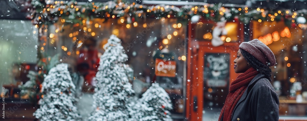 Obraz premium A black woman walks past a small cafe on a winter city street with a festive entrance, exterior with Christmas and new year decorations. The snowfall, the cozy welcoming atmosphere.