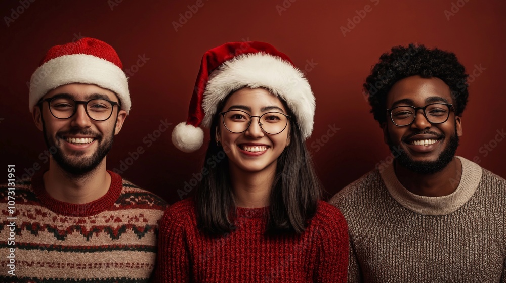 Fototapeta premium A diverse group of people wearing Christmas sweaters and Santa hats on a vibrant red holiday background. They are smiling, radiate festive joy, celebrating the Christmas and New Year season together