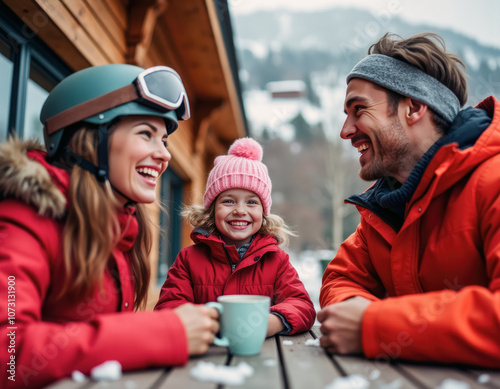 Family enjoying winter vacation in ski resort with smiles and warm clothing