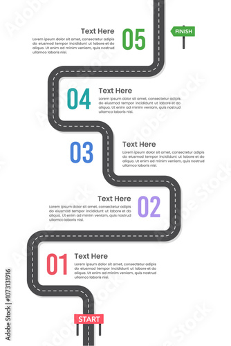 Vertical Infographic Timeline Roadmap 5 Business Milestones. The beginning and success of the business. Presentation, Plan, Banner and Brochure. Vector illustration.