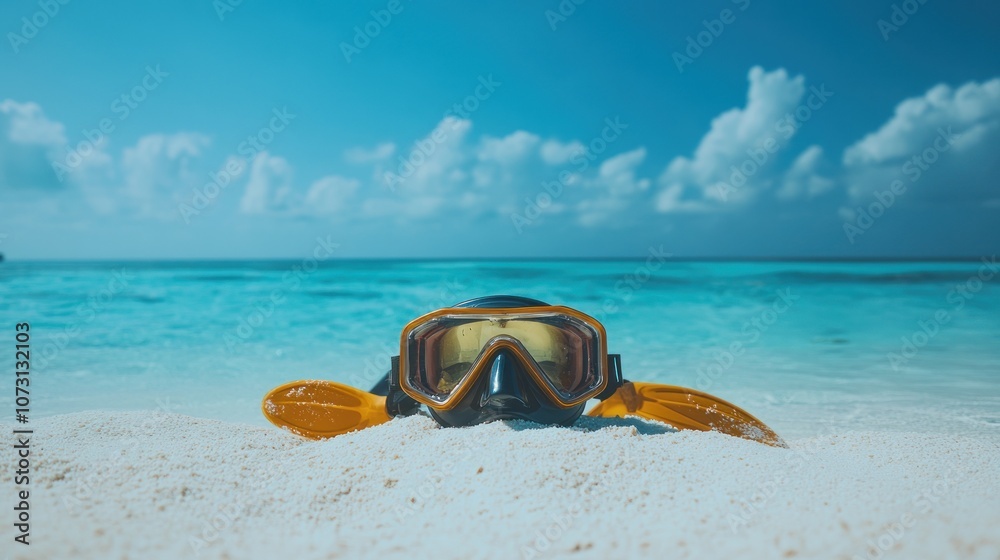 A yellow and black snorkeling mask and fins lay on the white sand of a tropical beach, the turquoise water and blue sky behind them. A yellow and black snorkeling mask and fins lay on the white sand of a tropical beach, the turquoise water and blue sky behind them.