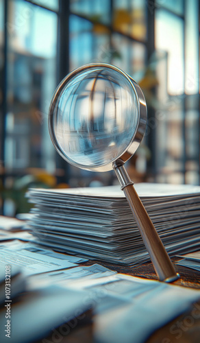 A magnifying glass hovers over a large stack of papers in an office, symbolizing detailed examination or investigation, with blurred office windows in the background adding depth and focus
