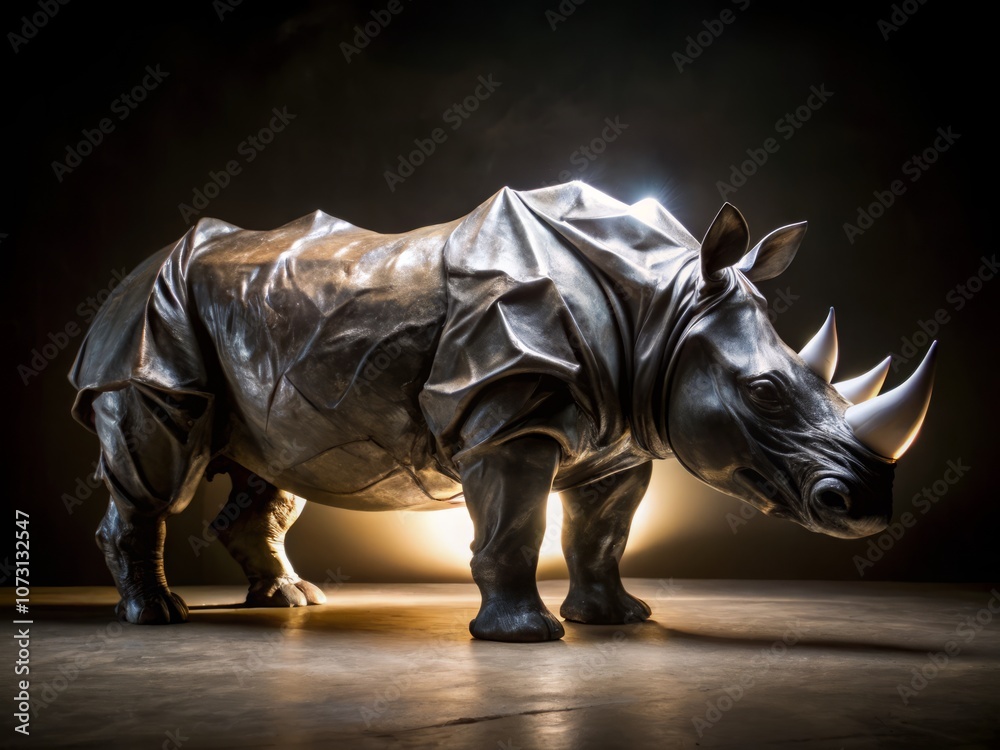 Stunning Low Light Photography of a Rhinoceros Sculpture Crafted from Black Plastic Bags, Showcasing Artistic Expression and Environmental Awareness in a Unique Urban Setting Stunning Low Light Photography of a Rhinoceros Sculpture Crafted from Black Plastic Bags, Showcasing Artistic Expression and Environmental Awareness in a Unique Urban Setting