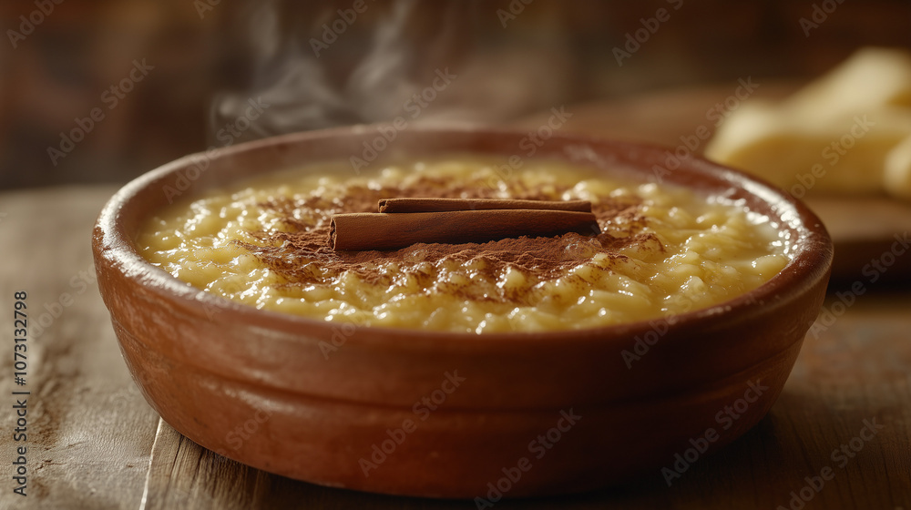 Warm Arroz Doce Rice Pudding with Cinnamon Stick in Clay Bowl Warm Arroz Doce Rice Pudding with Cinnamon Stick in Clay Bowl