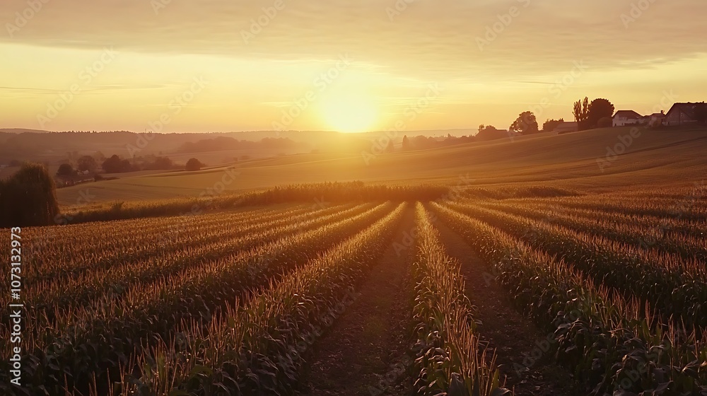 Obraz premium Golden Hour Sunset Over a Cornfield with Rolling Hills