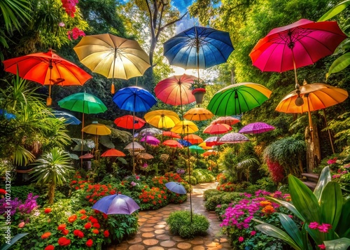 Wallpaper Mural Vibrant Colorful Umbrellas Dotted Across a Lush Garden Oasis Surrounded by Exotic Flowers and Lush Greenery, Creating a Dreamlike Surreal Atmosphere for Nature Lovers Torontodigital.ca