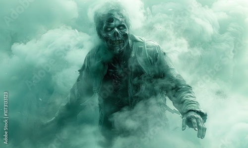 In a misty atmosphere, a feral zombie with crazed eyes looms forward, driven by an insatiable hunger, seeking its next meal amid eerie fog and muted colors