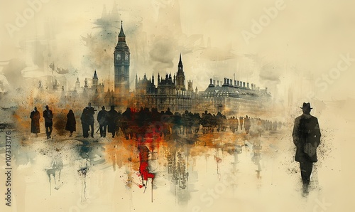 A stylish man dressed as a classic gangster strides confidently among a crowd in a vibrant watercolor depiction of London. This artwork evokes nostalgia and intrigue