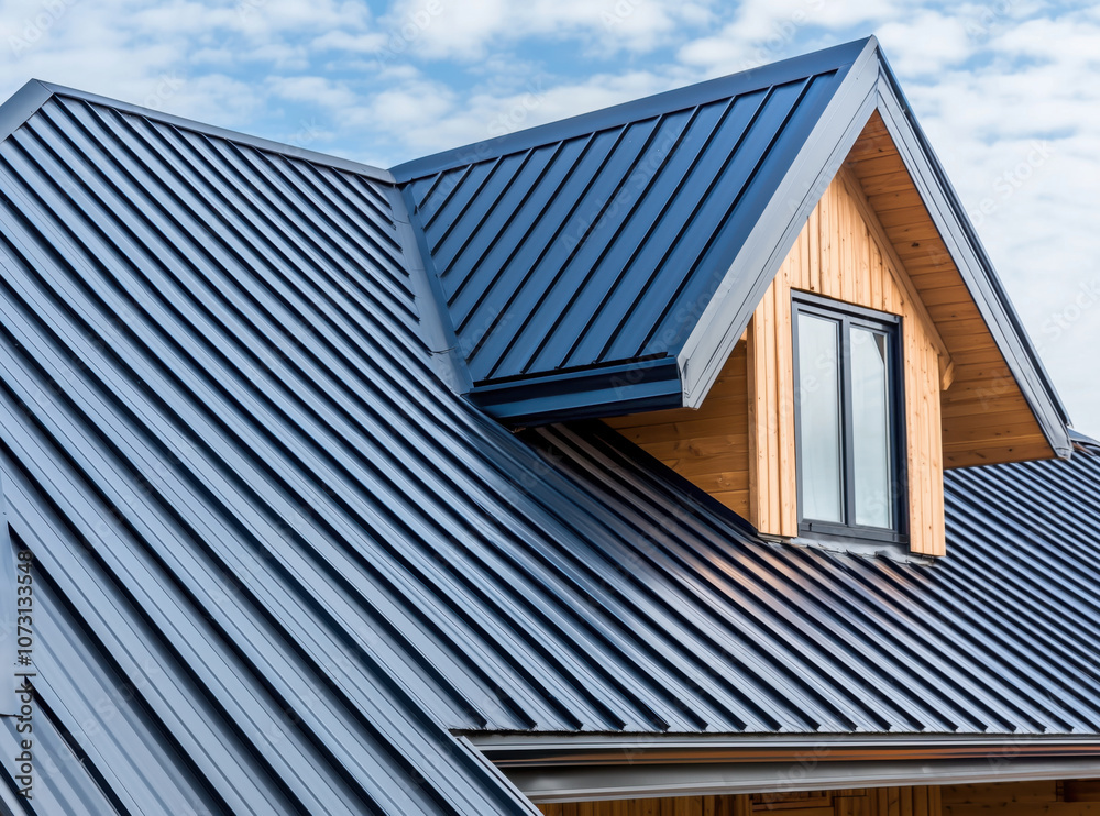 Modern Metal Roof with Window: Architectural Detail in Soft Sunlight Modern Metal Roof with Window: Architectural Detail in Soft Sunlight