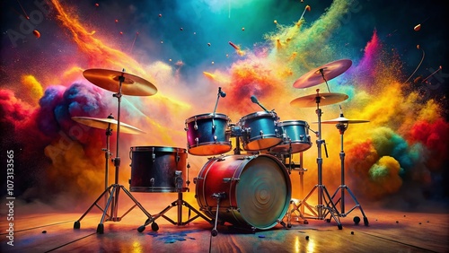 Vibrant Drum Kit Surrounded by Colorful Dust Clouds in an Abstract Whimsical Background Celebrating World Music Day with Rhythmic Expression and Symphony