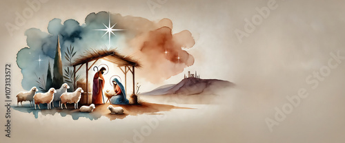 Nativity scene in Bethlehem. Watercolor painting. Christmas scene illustration showing holy family baby Jesus in the manger Joseph and Mary.Banner - copy space