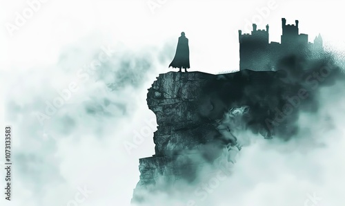 A lone silhouette stands on a high cliff, gazing at a fog-drenched castle entrance. The ethereal mist and watercolor style evoke a sense of epic medieval fantasy and adventure photo