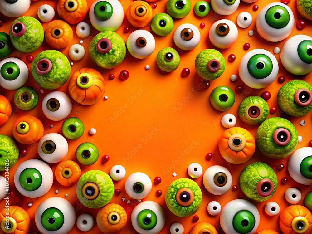 Fototapeta premium Vibrant Halloween Wallpaper with Cartoon Zombies and Eyeballs in Bright Orange and Green Colors, Featuring a Large Blank Space for Text Overlays